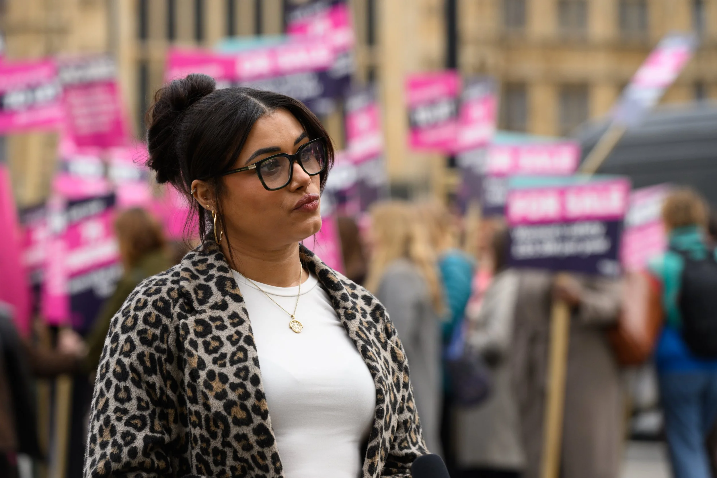 London, UK, 10th March 2026: Refuge brings their ?Home is Where the Hurt is? campaign to government today. Campaigners armed with placards and a coffin-shaped front door protest outside The Houses of Parliament. Picture shows Chanita Stephenson at the campaign event.