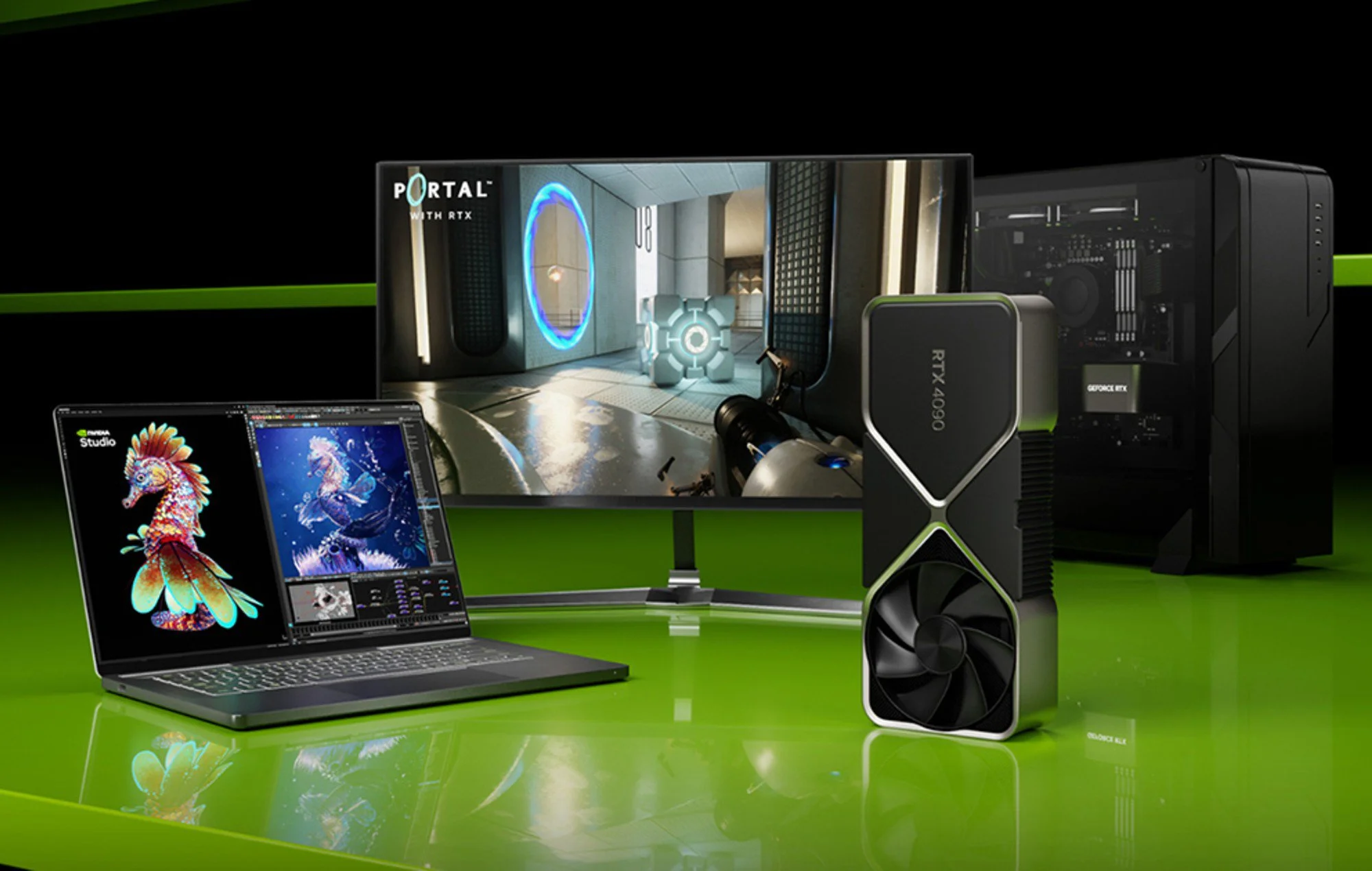A selection of Nvidia gaming laptops, PCs and screens.