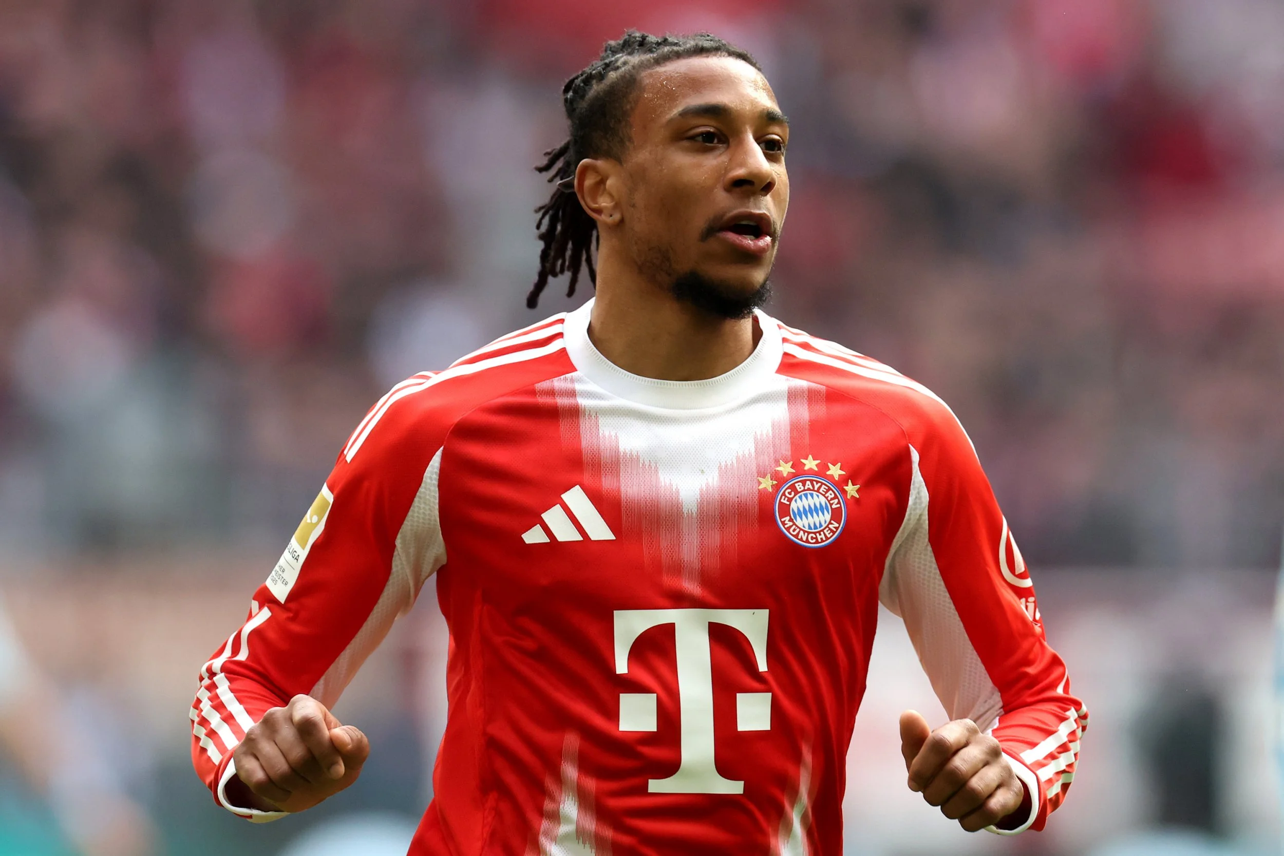 MUNICH, GERMANY - MARCH 21: Michael Olise of FC Bayern M??nchen looks on during the Bundesliga match between FC Bayern M??nchen and 1. FC Union Berlin at Allianz Arena on March 21, 2026 in Munich, Germany. (Photo by Alexander Hassenstein/Getty Images)