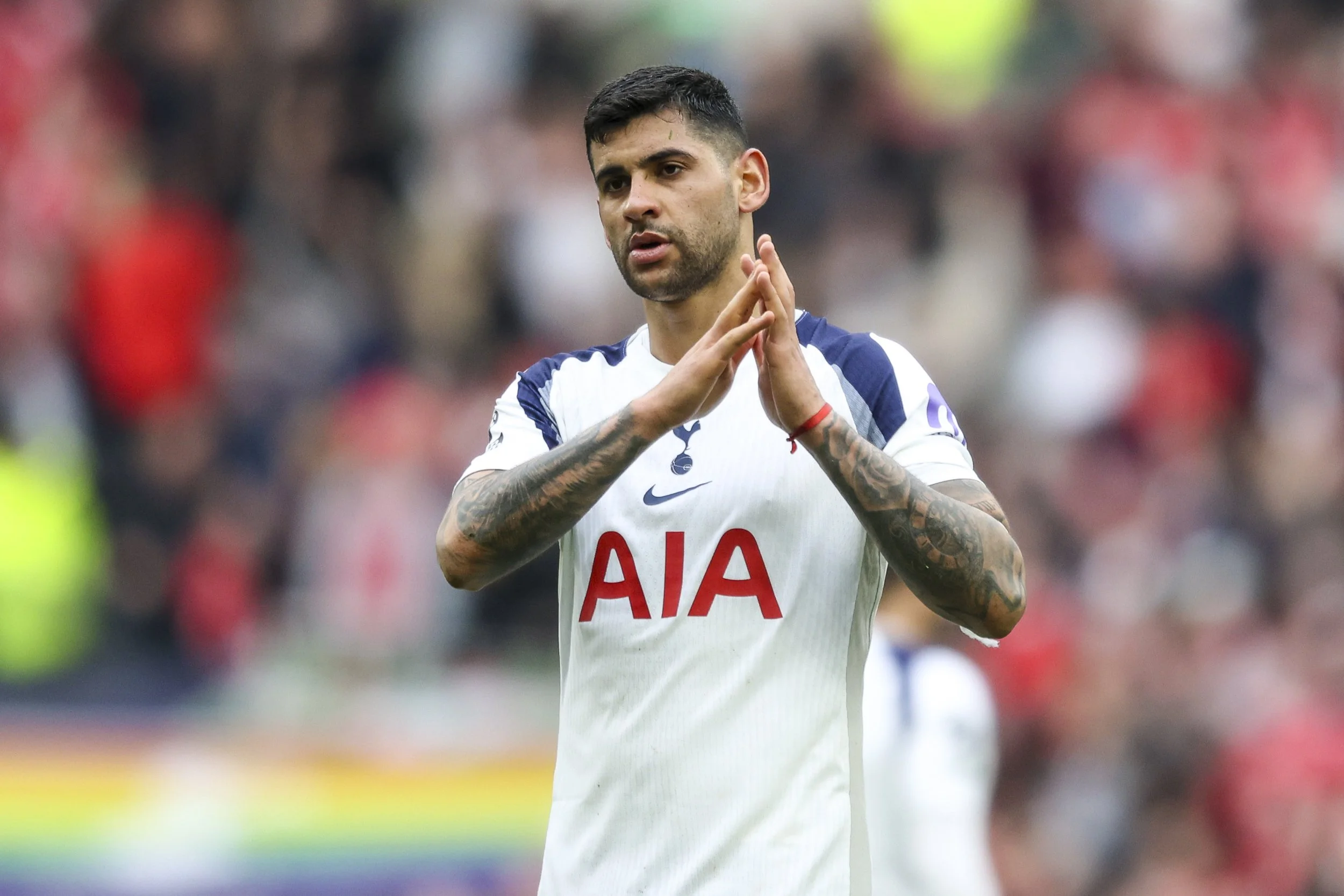 LONDON, ENGLAND - MARCH 22: Cristian Romero of Tottenham Hotspur after his sides 3-0 defeat during the Premier League match between Tottenham Hotspur and Nottingham Forest at Tottenham Hotspur Stadium on March 22, 2026 in London, England. (Photo by Robin Jones/Getty Images)